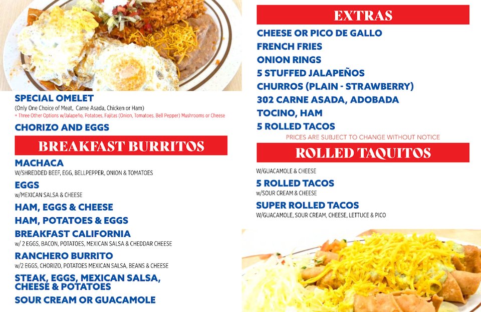 Printed menu with burritos and quesadillas.