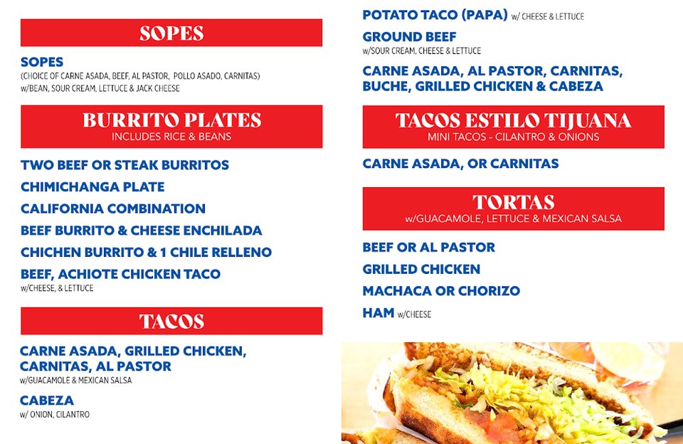 Breakfast plates and burritos on a menu board.