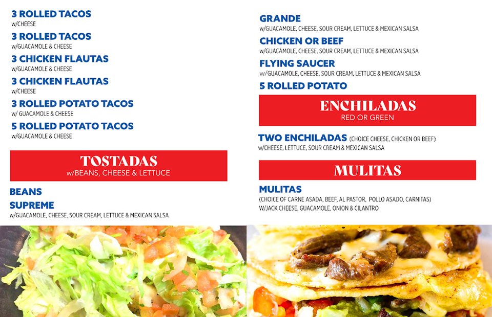 Menu section listing tacos, sides, and extras.