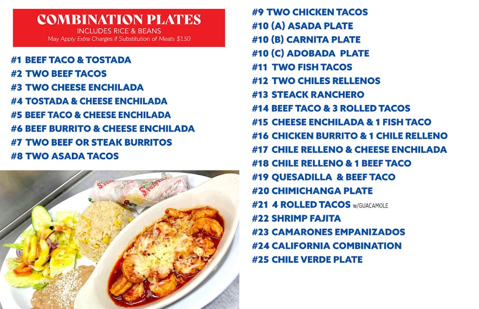 Printed menu with burritos and quesadillas.