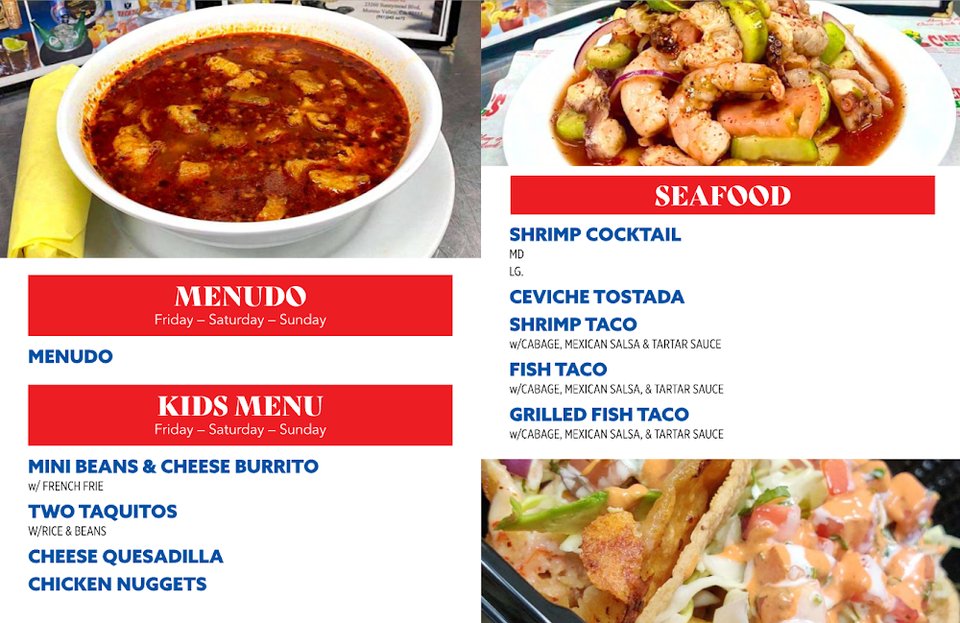 Breakfast plates and burritos on a menu board.