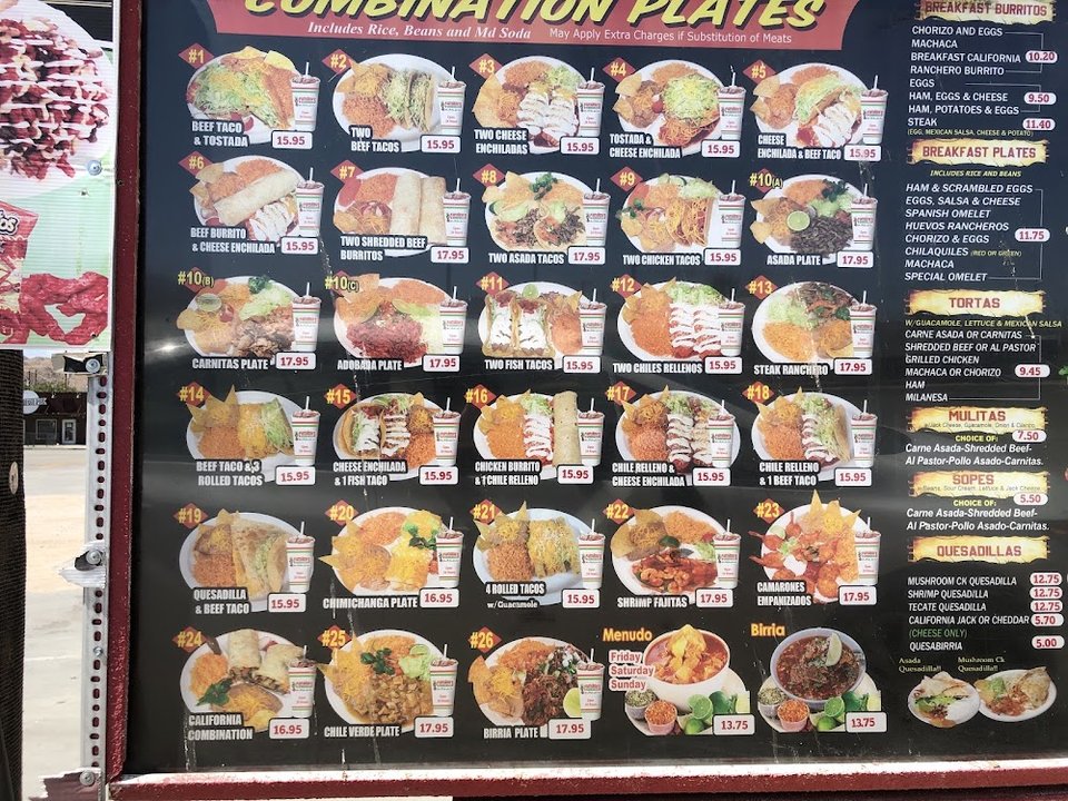 Menu section listing tacos, sides, and extras.