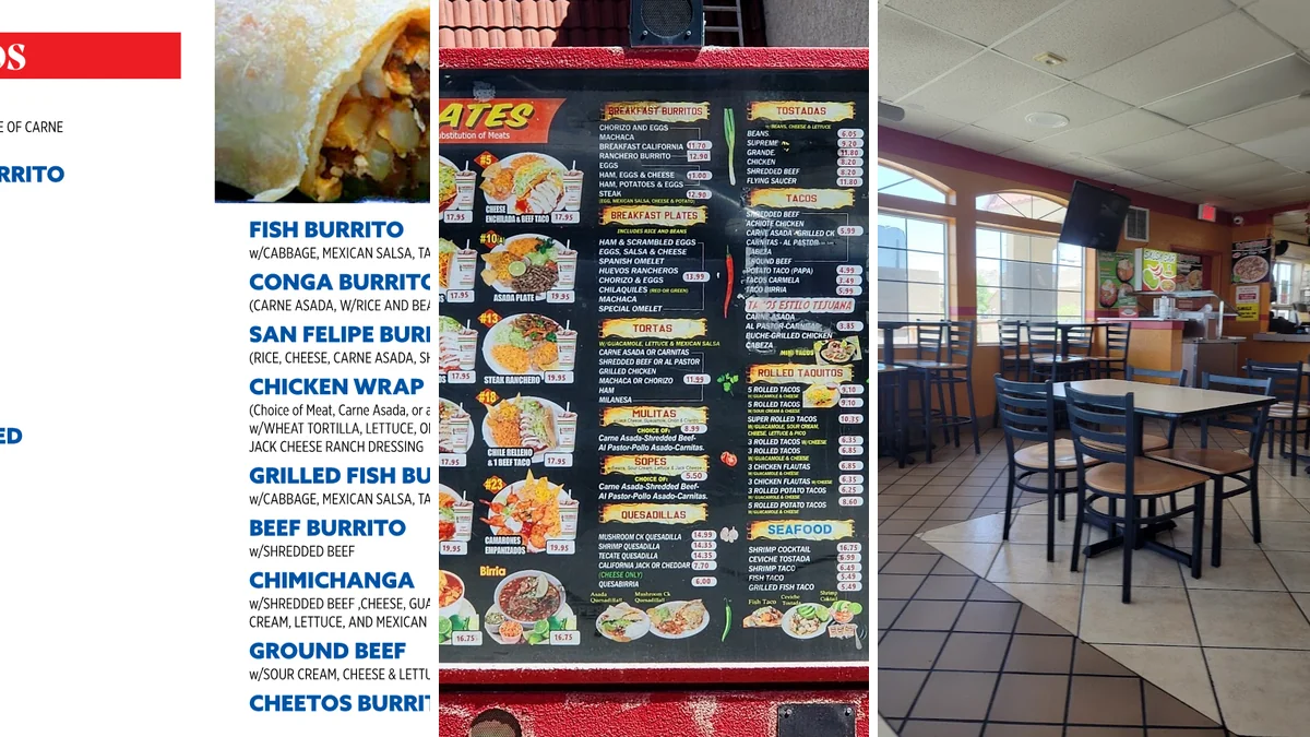 Counter-serve Mexican restaurant interior with simple seating.