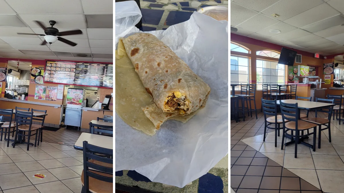Counter-serve Mexican restaurant interior with simple seating.